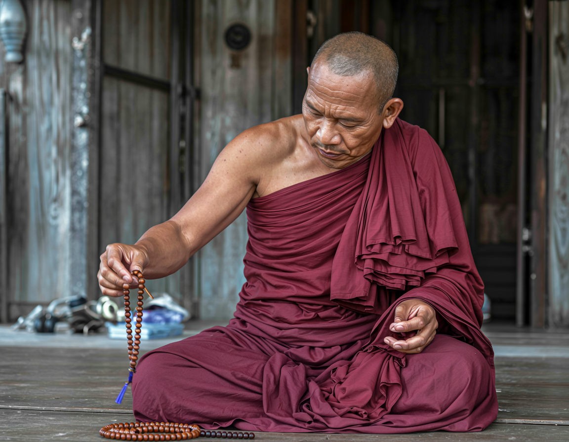 Thai monk meditating with mala beads